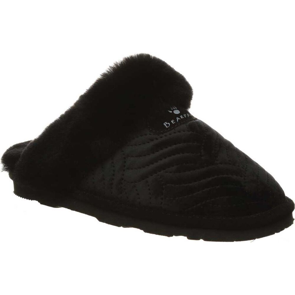 Women's Bearpaw Loki II Scuff Slipper Black Quilted Velvet Real Shearling Size 6